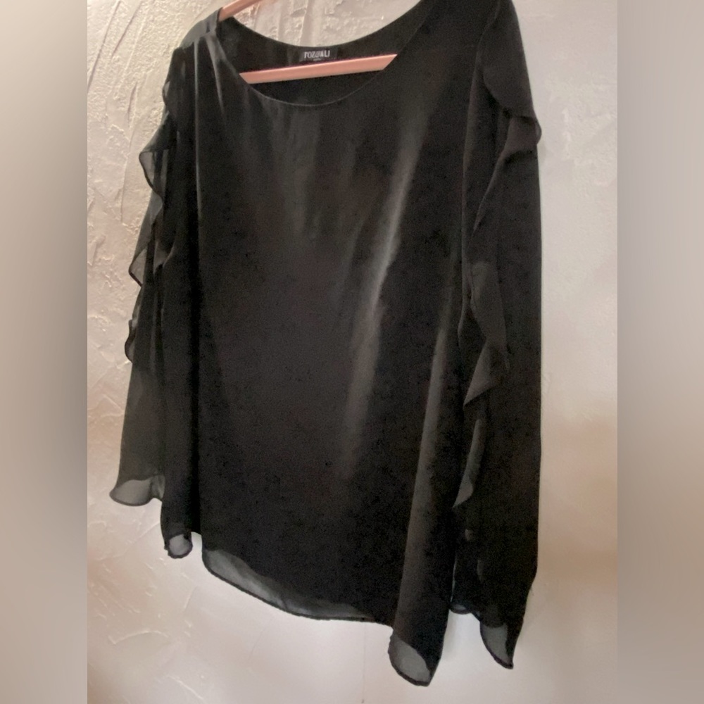 Flutter sleeve lined crepe/organza Black blouse, Size XL